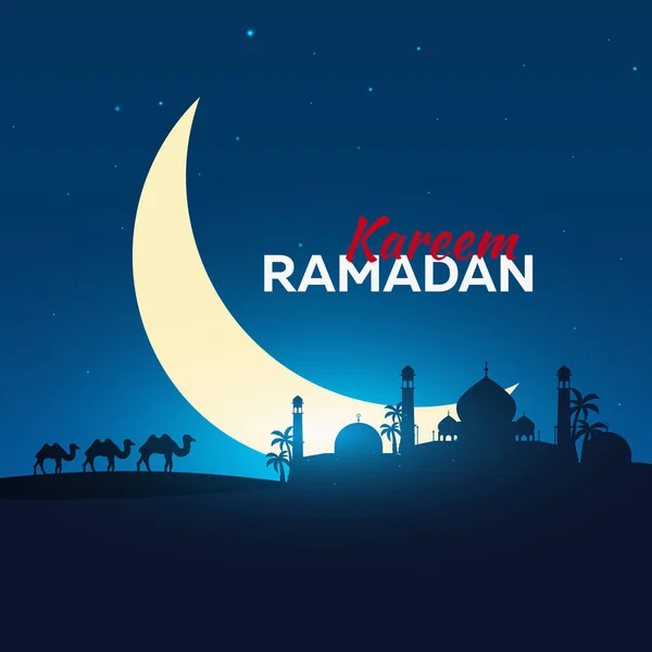 Kareem Ραμαζάνι. Ραμαζάνι Μουμπάρακ. Ευχετήρια κάρτα. Αραβική νύχτα με φεγγάρι ημισέληνο και καμήλα. — Διανυσματικό Αρχείο