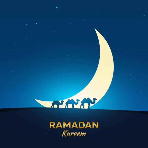 Ramadan Kareem. Ramadan Moubarak. Carte de vœux. Nuit arabe avec croissant de lune et chameau . — Image vectorielle