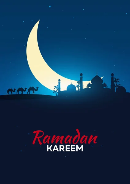 Ramadan Kareem. Ramadan Moubarak. Carte de vœux. Nuit arabe avec croissant de lune et chameau . — Image vectorielle