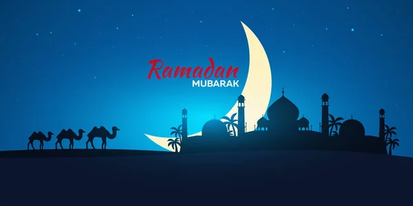 Ramadan kareem. Ramadan Mubarak. Grußkarte. Arabische Nacht mit Halbmond und Kamel. — Stockvektor