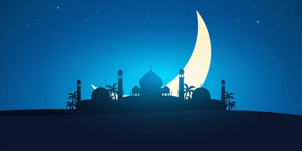 Ramadan Kareem. Ramadã Mubarak. Cartão de felicitações. Noite árabe com lua crescente . — Vetor de Stock