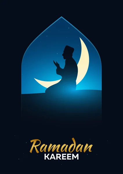 Ramadan Kareem. Ramadan Mubarak. Pregate. Biglietto d'auguri. Notte araba con luna di Mezzaluna . — Vettoriale Stock