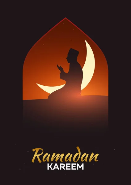 Ramadan Kareem. Ramadan Mubarak. Biglietto d'auguri. Notte araba con luna di Mezzaluna . — Vettoriale Stock