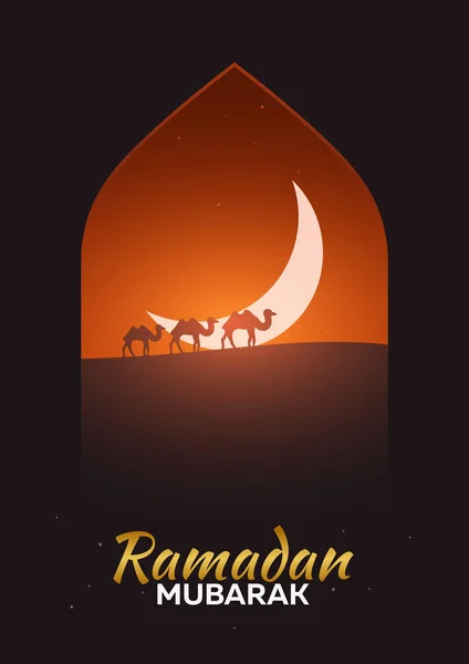 Ramadán Kareem. Ramadán Mubarak. Tarjeta de felicitación. Noche árabe con luna creciente y camellos . — Vector de stock