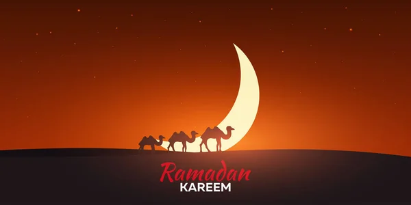 Ramadan Kareem. Ramadan Moubarak. Carte de vœux. Nuit arabe avec croissant de lune et chameaux . — Image vectorielle