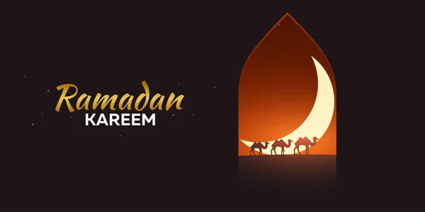 Ramadan Kareem. Ramadan Mubarak. Greeting card. Arabian night with Crescent moon and camels. — Stock Vector