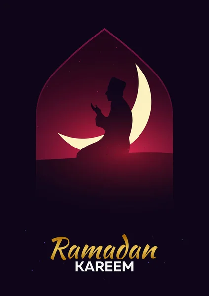 Ramadán Kareem. Ramadán Mubarak. Tarjeta de felicitación. Noche árabe con luna creciente . — Vector de stock