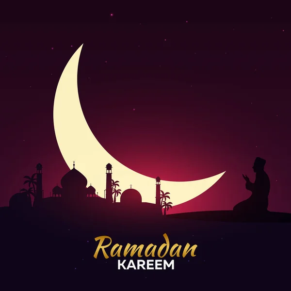 Kareem Ραμαζάνι. Ραμαζάνι Μουμπάρακ. Ευχετήρια κάρτα. Αραβική νύχτα με φεγγάρι ημισέληνο. — Διανυσματικό Αρχείο