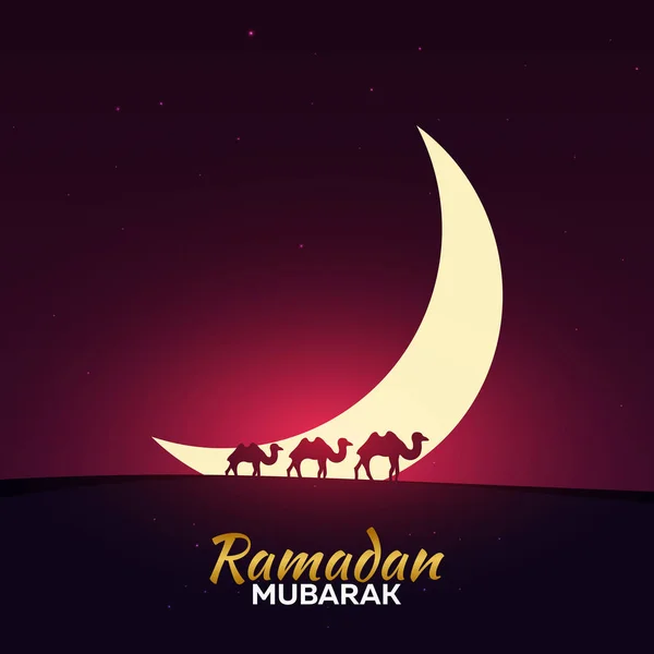 Ramadan Kareem. Ramadan Mubarak. Biglietto d'auguri. Notte araba con luna di mezzaluna e cammelli . — Vettoriale Stock