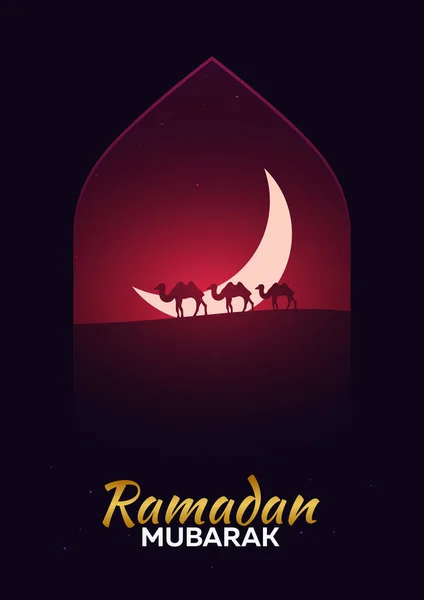 Ramadan Kareem. Ramadan Moubarak. Carte de vœux. Nuit arabe avec croissant de lune et chameaux . — Image vectorielle