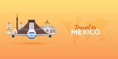 Seyahat. Meksika uçak konumlar. Vektör afiş seyahat. Düz stil.