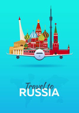 Rusya'ya seyahat. Uçak konumlar. Vektör afiş seyahat. Düz stil.
