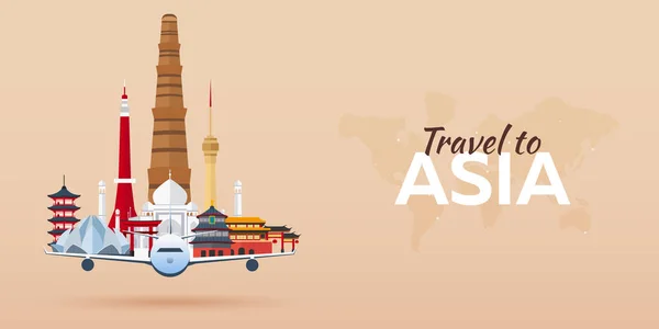 Ταξίδια στην Ασία. Αεροπλάνο με αξιοθέατα. Ταξίδια διάνυσμα πανό. Επίπεδη στυλ. — Διανυσματικό Αρχείο