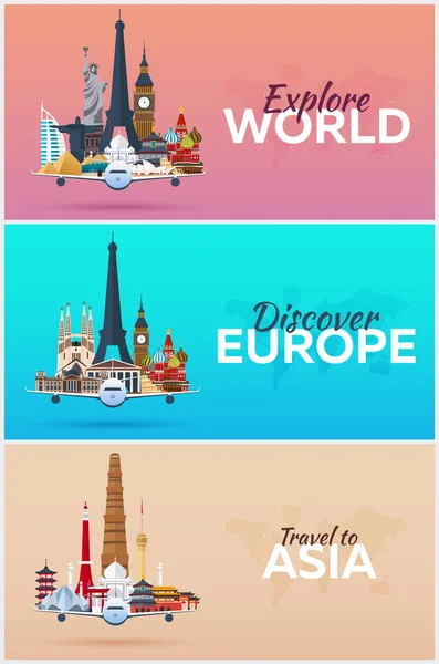 Viajar al mundo. Avión con Atracciones. Conjunto de banners de vector de viaje. Estilo plano . — Archivo Imágenes Vectoriales