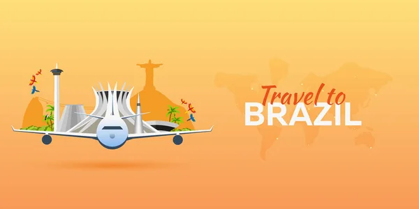 ブラジルへの旅行します。アトラクションと飛行機。ベクター バナーを旅行します。フラット スタイル. — ストックベクタ