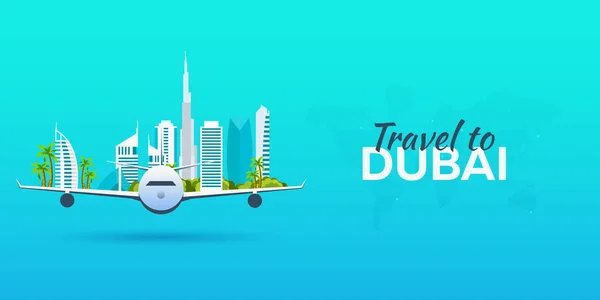 Travel to Dubai. Airplane with Attractions. Travel vector banners. Flat style. — Stock Vector