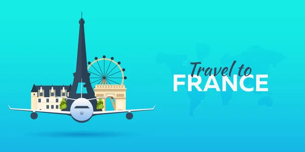 Reise nach Frankreich. Flugzeug mit Attraktionen. Reisevektorbanner. flacher Stil. — Stockvektor