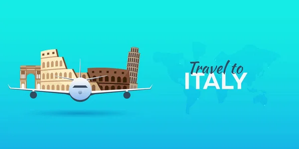 Viajar a Italia. Avión con Atracciones. Banderas de viaje vectorial. Estilo plano . — Vector de stock