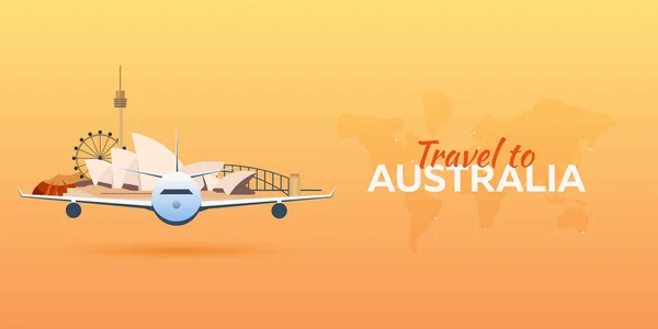 Viajar a Australia. Avión con Atracciones. Banderas de viaje vectorial. Estilo plano . — Archivo Imágenes Vectoriales