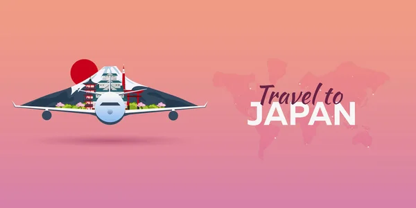 Viaje ao Japão. Avião com Atrações. Bandeiras vetoriais de viagem. Estilo plano . — Vetor de Stock