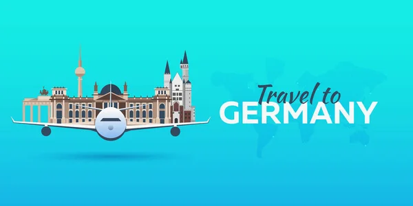 Reise nach Deutschland. Flugzeug mit Attraktionen. Reisevektorbanner. flacher Stil. — Stockvektor