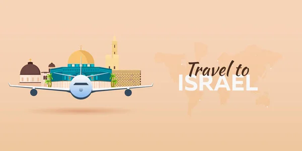 Viaggia in Israele. Aereo con attrazioni. Bandiere vettoriali di viaggio. Stile piatto . — Vettoriale Stock