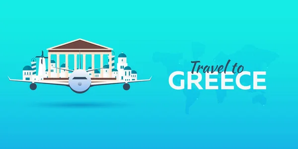 Cestování do Řecka. Letadlo s atrakcemi. Cestovní vektor bannery. Plochý. — Stockový vektor