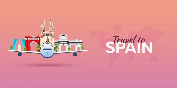 Viajar a España. Avión con Atracciones. Banderas de viaje vectorial. Estilo plano . — Vector de stock