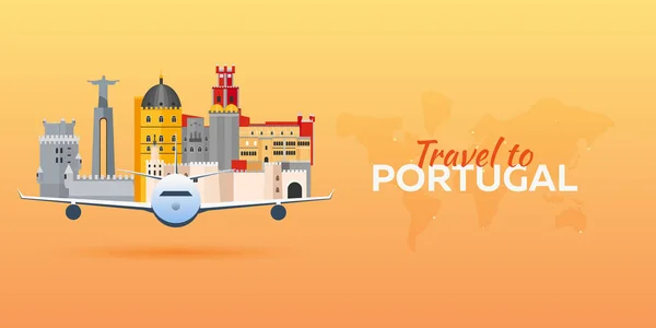 Viajar a Portugal. Avión con Atracciones. Banderas de viaje vectorial. Estilo plano . — Archivo Imágenes Vectoriales