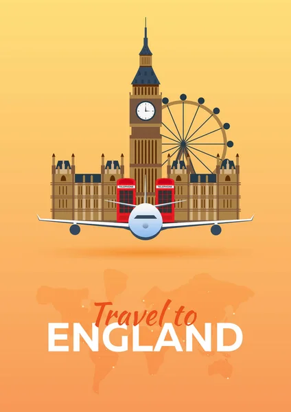 Viajar a Inglaterra. Avión con Atracciones. Banderas de viaje vectorial. Estilo plano . — Vector de stock