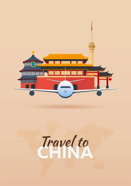 Voyage en Chine. Avion avec Attractions. Bannières vectorielles de voyage. Style plat . — Image vectorielle