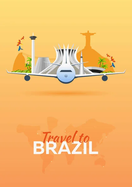 Viagem ao Brasil. Avião com Atrações. Bandeiras vetoriais de viagem. Estilo plano . —  Vetores de Stock