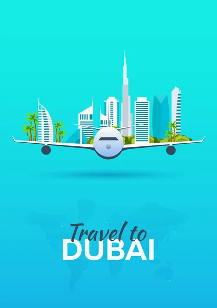 Viaggia a Dubai. Aereo con attrazioni. Bandiere vettoriali di viaggio. Stile piatto . — Vettoriale Stock