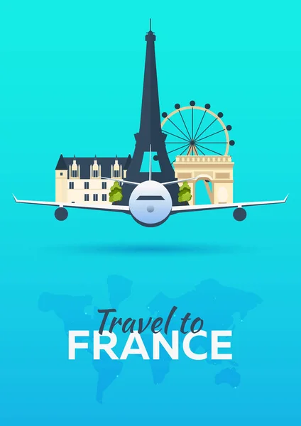 Viajar a Francia. Avión con Atracciones. Banderas de viaje vectorial. Estilo plano . — Vector de stock