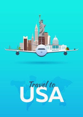 ABD'ye seyahat. Uçak konumlar. Vektör afiş seyahat. Düz stil.