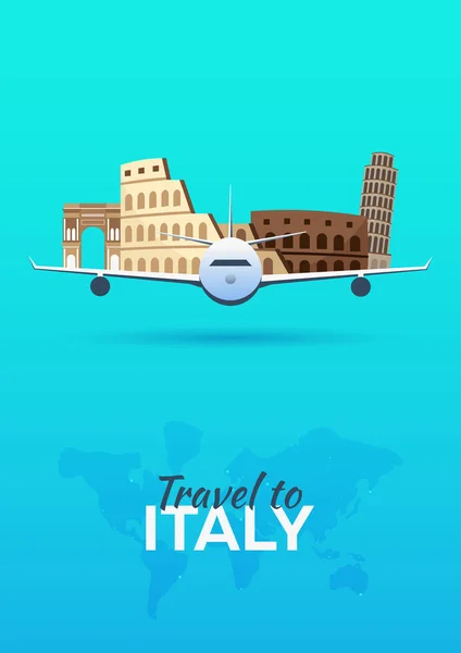 이탈리아 여행. 관광 명소와 함께 비행기입니다. 벡터 배너를 여행. 평면 스타일. — 스톡 벡터
