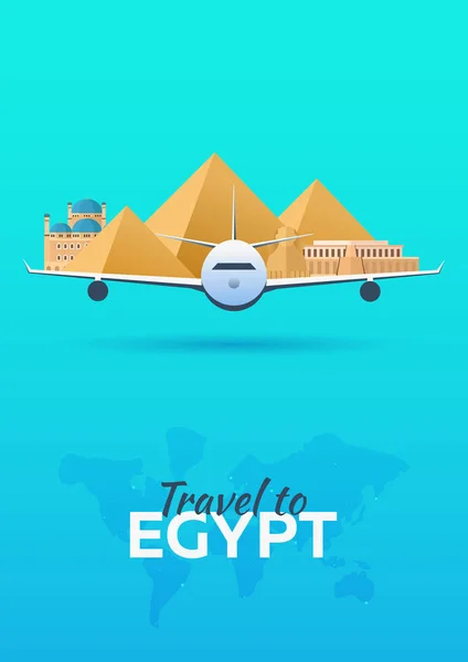 Reise nach Ägypten. Flugzeug mit Attraktionen. Reisevektorbanner. flacher Stil. — Stockvektor