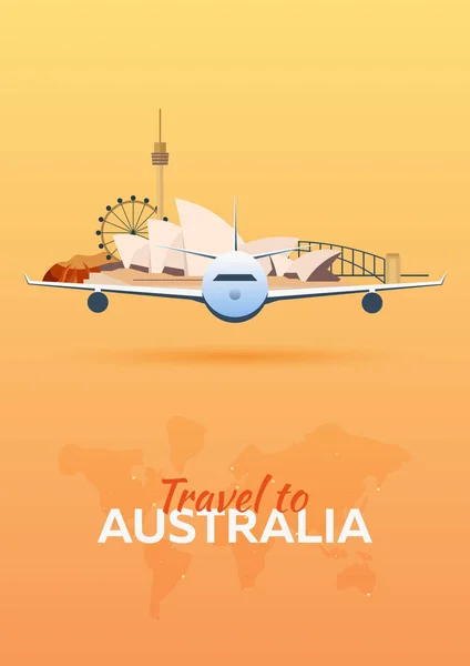 Reizen naar Australië. Vliegtuig met attracties. Reizen vector banners. Vlakke stijl. — Stockvector