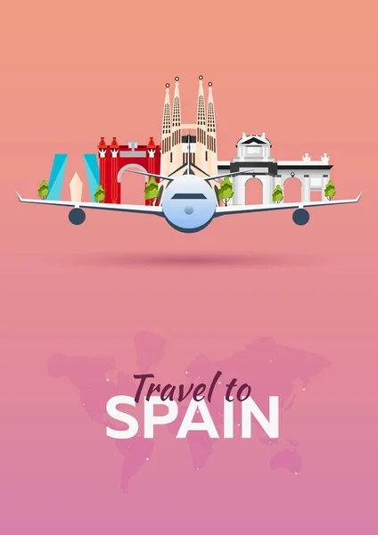 スペインへの旅行します。アトラクションと飛行機。ベクター バナーを旅行します。フラット スタイル. — ストックベクタ