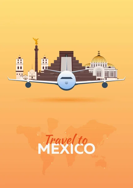 Travel to .Mexico Airplane with Attractions. Travel vector banners. Flat style.