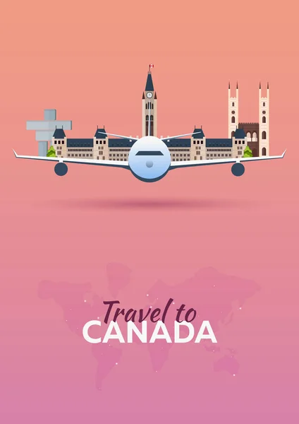 Voyage au Canada. Avion avec Attractions. Bannières vectorielles de voyage. Style plat . — Image vectorielle