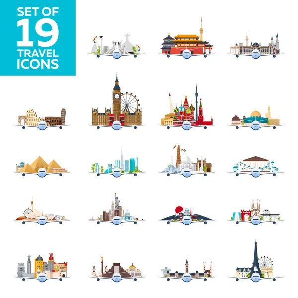 Travel to World. Airplane with Attractions. Big Set of Travel vector icons. Flat style. — Stock Vector
