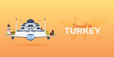 Türkiye'ye seyahat. Uçak konumlar. Vektör afiş seyahat. Düz stil.