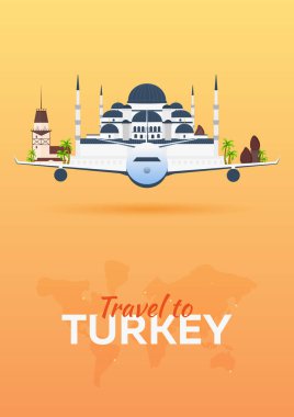 Türkiye'ye seyahat. Uçak konumlar. Vektör afiş seyahat. Düz stil.