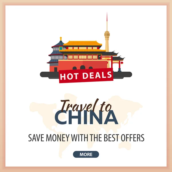 Resa till Kina. Resa mall Banners för sociala medier. Hot Deals. Bästa erbjudanden. — Stock vektor