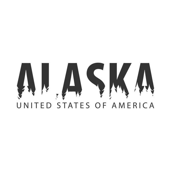 Alaska. Stati Uniti. Stati Uniti d'America. Testo o etichette con silhouette di foresta . — Vettoriale Stock