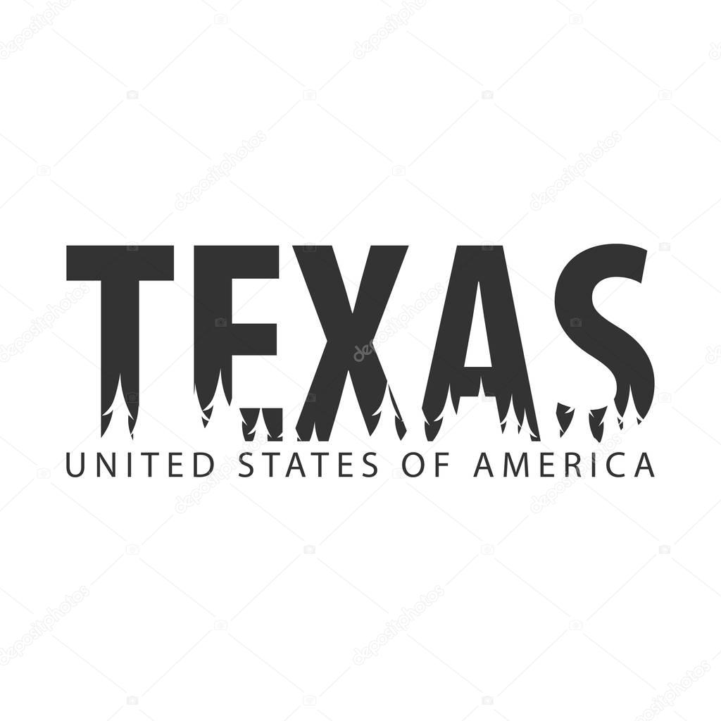 Texas. USA. United States of America. Text or labels with silhouette of forest