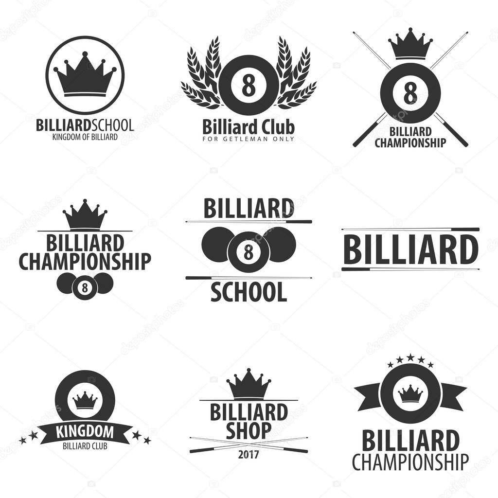 Set of Logos for Billiard school, club or shop. Vector illustration