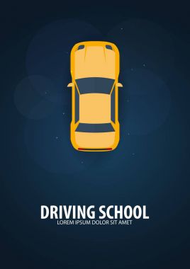 Sürüş Okulu afiş. Otomatik eğitim. Yol kuralları. Vektör çizim.