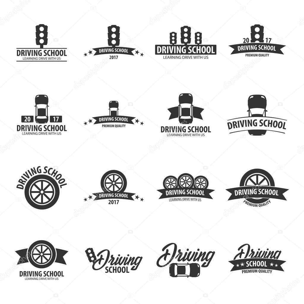 Driving school logos and emblems template. Auto education. Vector illustration.